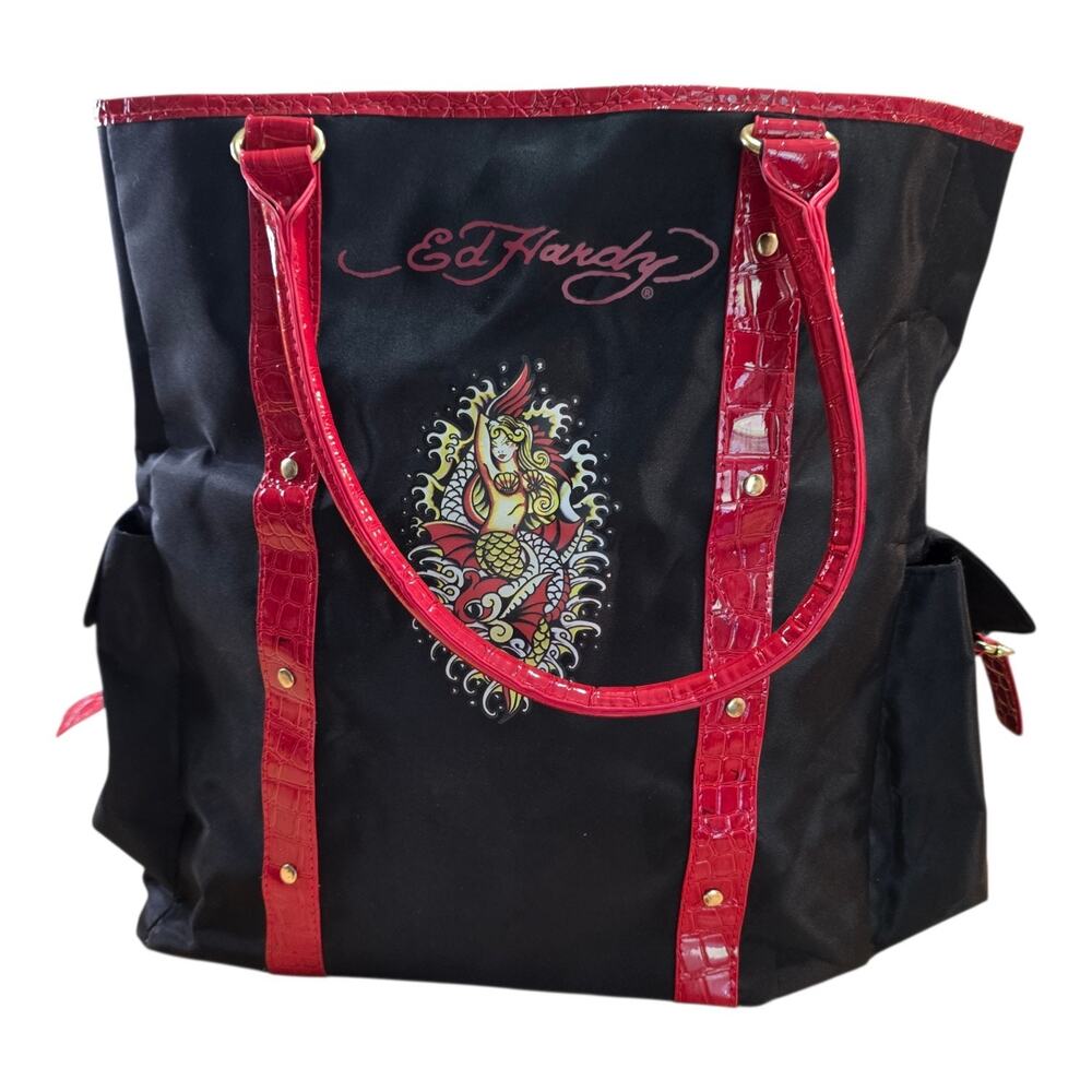 Vintage Y2k Ed Hardy Mermaid Black Red Faux Crocodile Trim Tote Bag